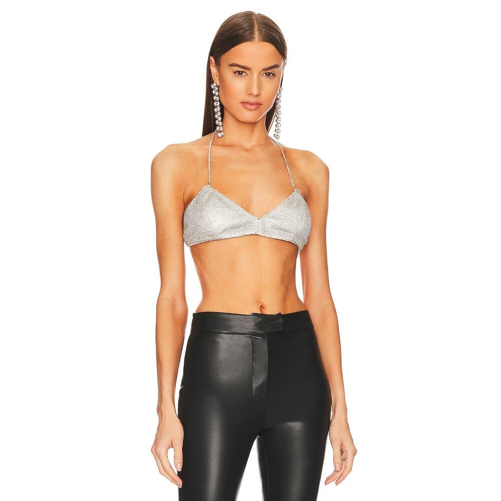 Lamarque Raeka Rhinestone Bralette Halter Neck Party Evening Y2K NYE Silver XS